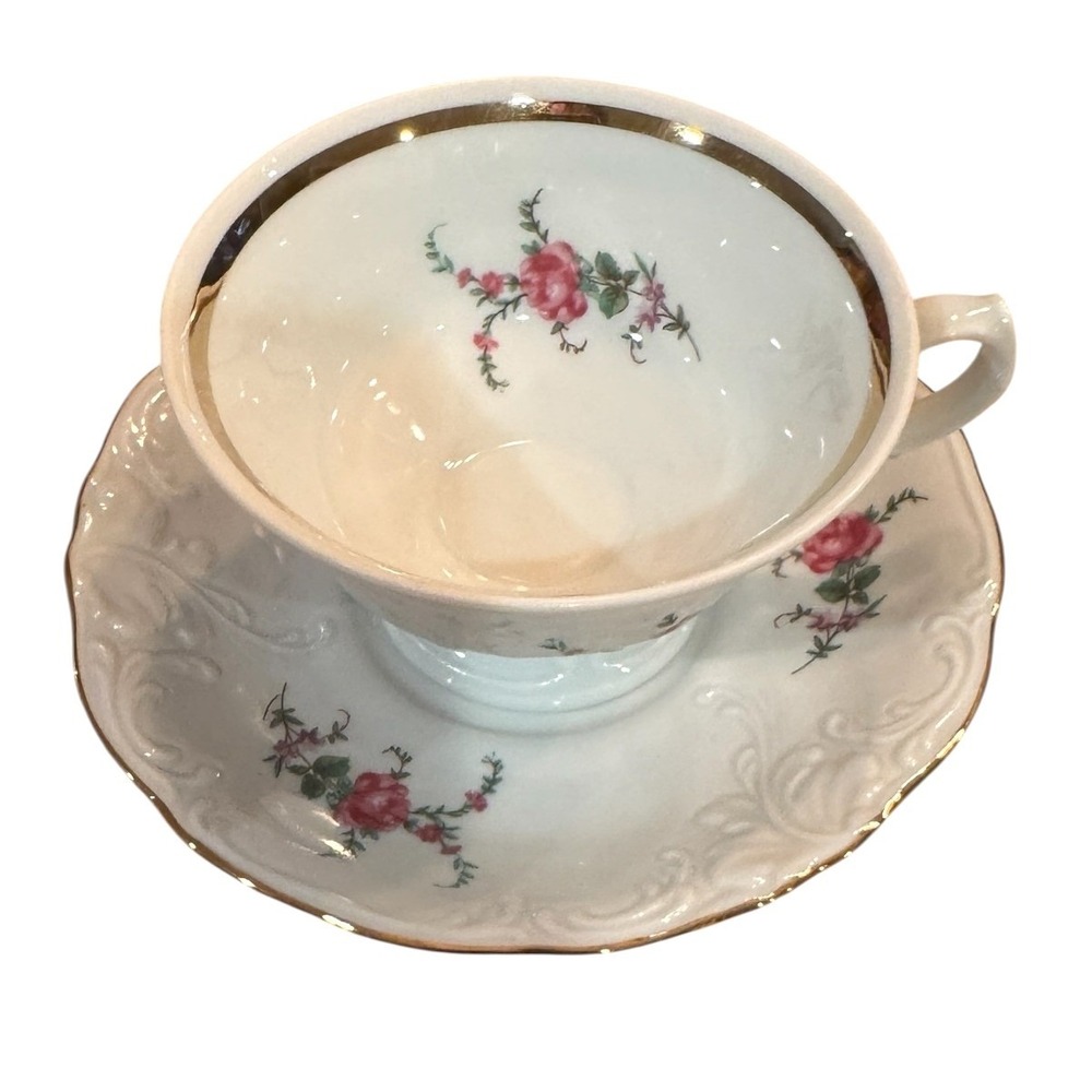 Wavel Poland Vintage Floral Tea Cup Saucer Set Porcelain Gold Trim‎ Pink Roses